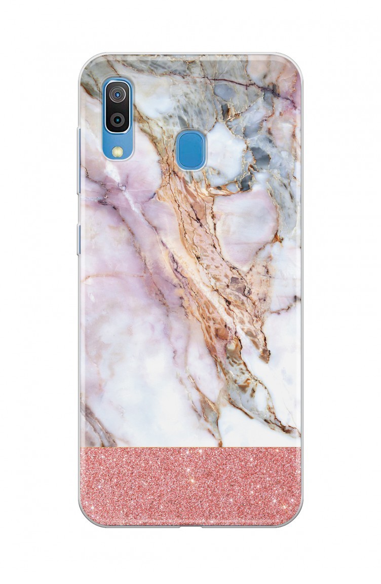 pembe simli beyaz mermer tasarimli samsung galaxy a30 telefon kilifi we052