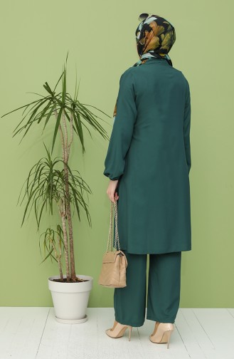 Düğmeli Uzun Tunik Pantolon İkili Takım 12012-02 Zümrüt Yeşili
