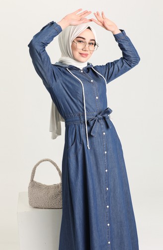 Kuşaklı Kot Elbise 6093-02 Lacivert