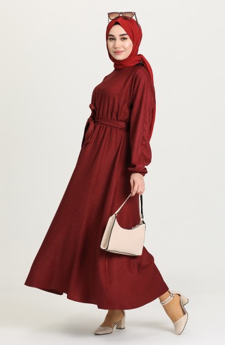 Beli Lastikli Kuşaklı Elbise 5621-02 Bordo