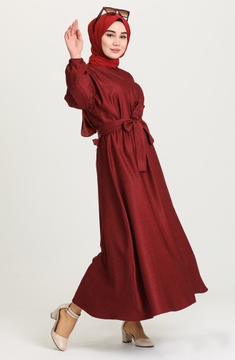 Beli Lastikli Kuşaklı Elbise 5621-02 Bordo