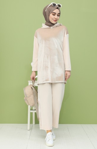 Kadife Tunik Pantolon İkili Takım 5620-03 Krem
