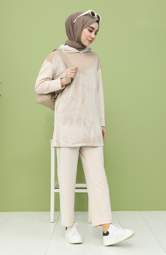Kadife Tunik Pantolon İkili Takım 5620-03 Krem