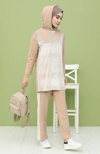 Kadife Tunik Pantolon İkili Takım 5620-05 Bej