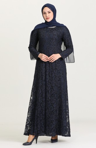 Large Size Lace V-neck Evening Dress 2054-01 Navy Blue 2054-01