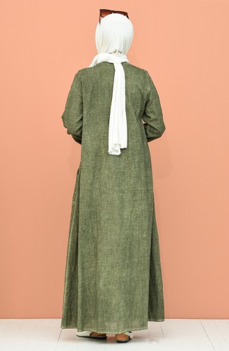 Şile Bezi Boydan Düğmeli Elbise 4646-01 Koyu Yeşil