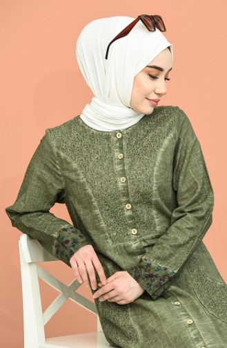 Şile Bezi Boydan Düğmeli Elbise 4646-01 Koyu Yeşil