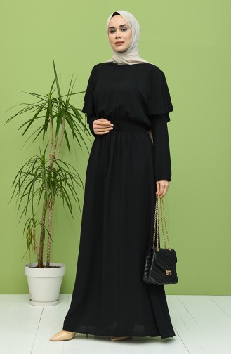Beli Lastikli Volanlı Elbise 8313-02 Siyah