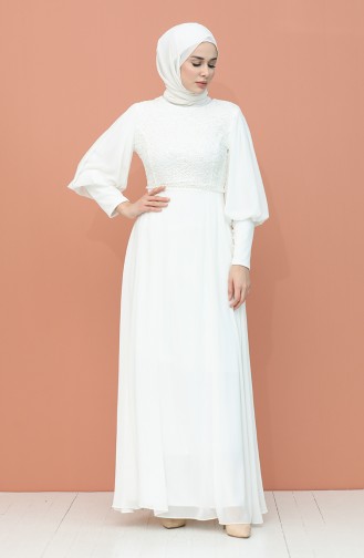 Ecru Hijab Evening Dress 4852-03