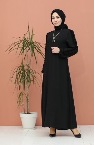Kolları Fırfırlı Elbise 7004-01 Siyah