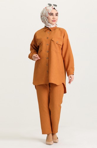 Keten Tunik Pantolon İkili Takım 1411-02 Hardal
