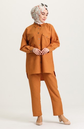Keten Tunik Pantolon İkili Takım 1411-02 Hardal
