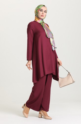 Asimetrik Tunik Pantolon İkili Takım 4220-04 Mürdüm