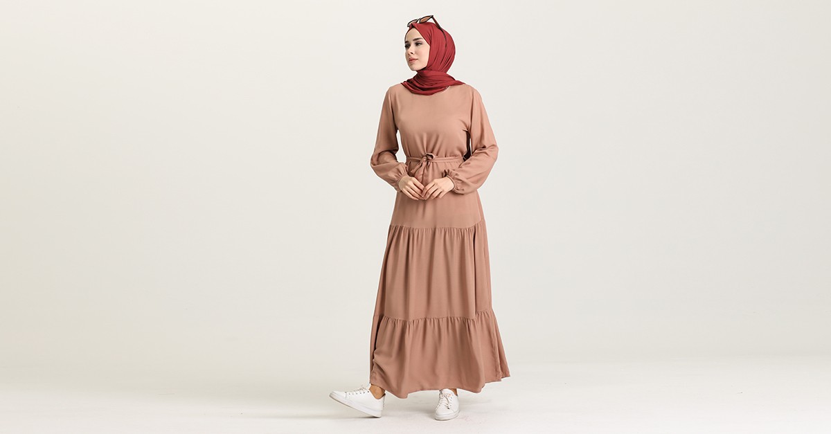 Kuşaklı Elbise 214706 Sütlü kahve Sefamerve
