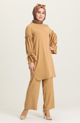 Aerobin Kumaş Pileli Tunik Pantolon İkili Takım 6552-01 Camel