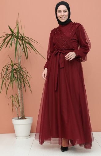 Claret Red Hijab Evening Dress 81778-04