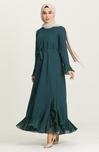 Volanlı Kuşaklı Elbise 4125-04 Zümrüt Yeşili
