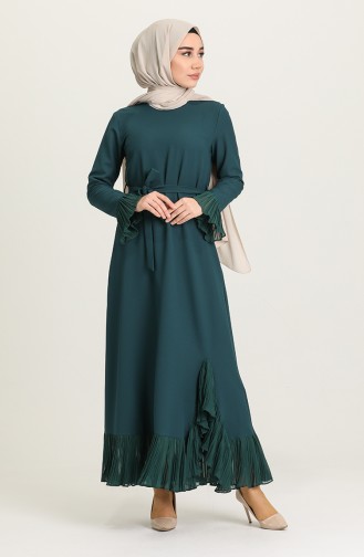 Volanlı Kuşaklı Elbise 4125-04 Zümrüt Yeşili