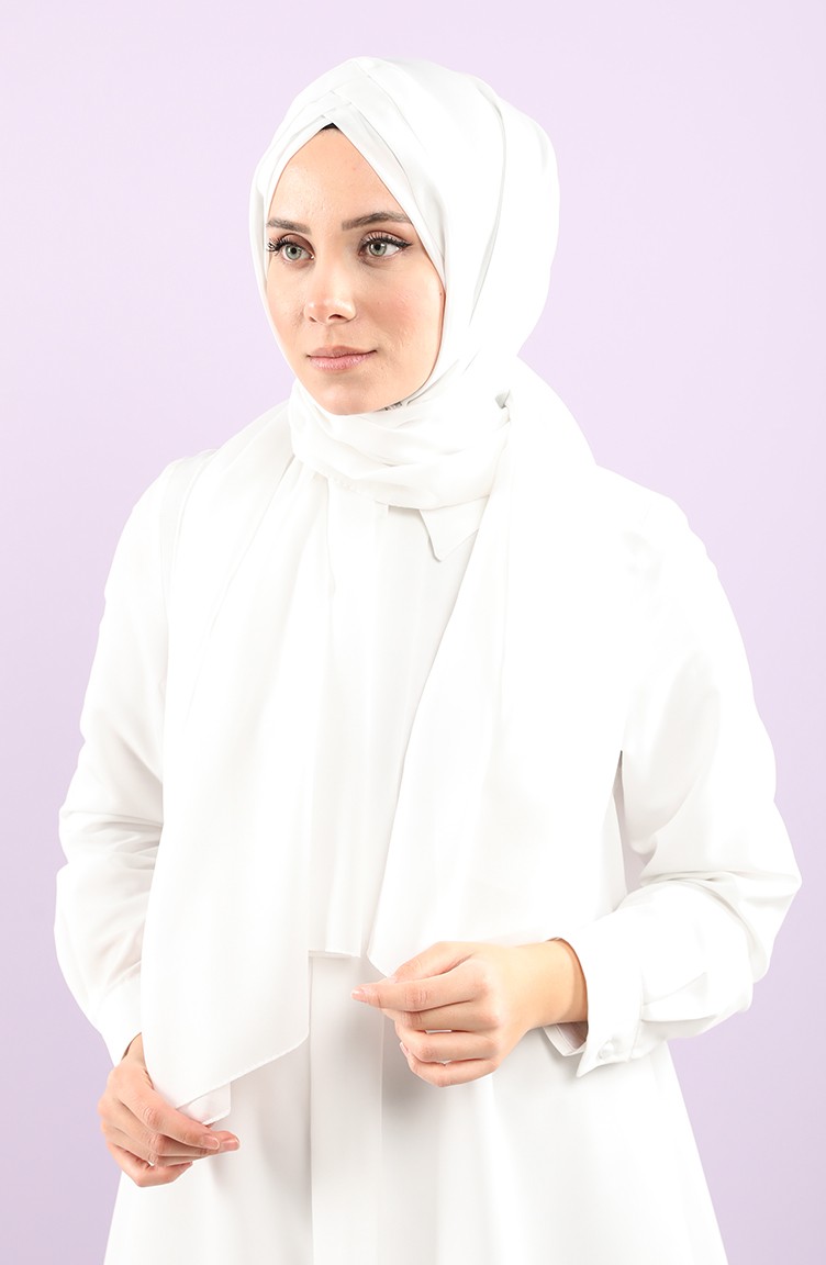Üç Bant Şifon Şal 1156-10 Beyaz