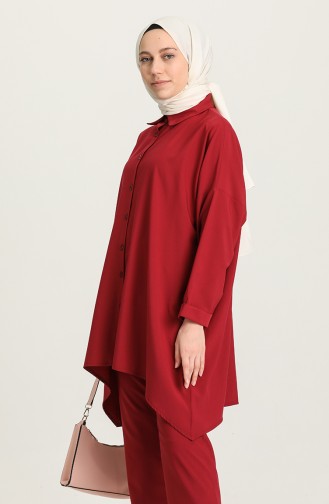 Düğmeli Tunik Pantolon İkili Takım 1409-01 Bordo