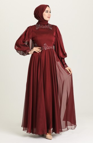 Claret Red Hijab Evening Dress 52779-05