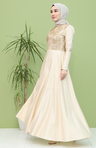 Beige Hijab Evening Dress 7279-01