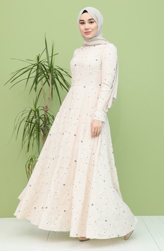 Astarlı Kloş Abiye Elbise 7287-02 Bej