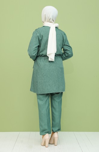 Kuşaklı Tunik Pantolon İkili Takım 2041-06 Zümrüt Yeşili