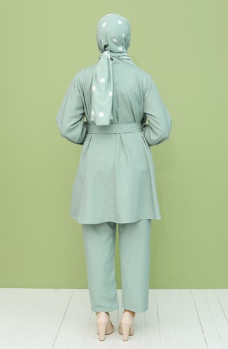 Keten Kuşaklı Tunik Pantolon İkili Takım 2042-01 Çağla Yeşili
