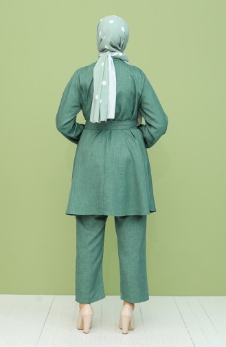 Keten Kuşaklı Tunik Pantolon İkili Takım 2042-02 Yeşil