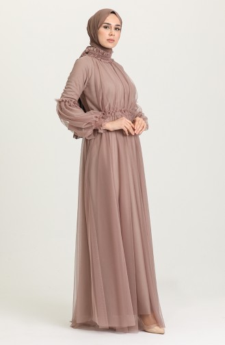 Milk Coffee Hijab Evening Dress 5474-07