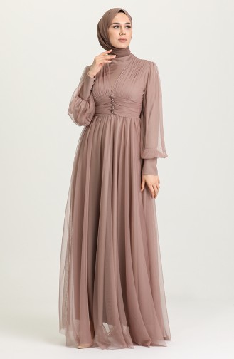 Milk Coffee Hijab Evening Dress 5478-04