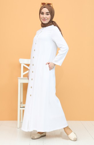 Şile Bezi Boydan Düğmeli Elbise 12204-01 Beyaz