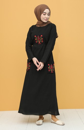Şile Bezi Nakışlı Elbise 22205-04 Siyah
