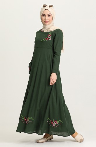 Şile Bezi Cepli Elbise 22215 -01 Koyu Yeşil