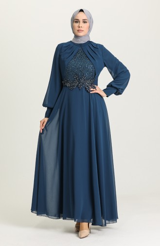 Petrol Hijab Evening Dress 52785-04
