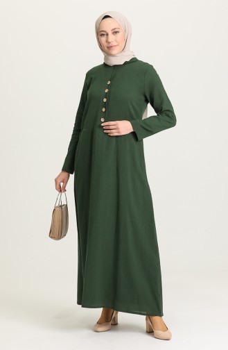 Şile Bezi Düğmeli Elbise 12205-01 Koyu Yeşil