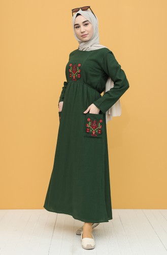Şile Bezi Nakışlı Elbise 22205-07 Koyu Yeşil