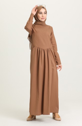 Doğal Kumaş Beli Büzgülü Cepli Elbise 3259-09 Camel