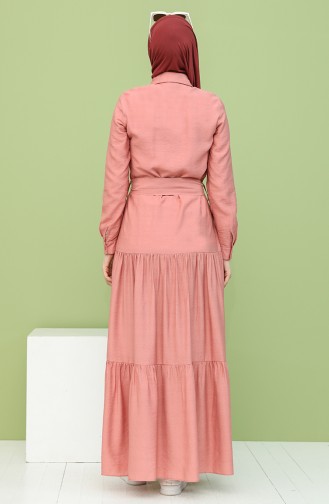 Boydan Düğmeli Kuşaklı Elbise 8301-01 Gül Kurusu