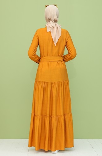 Boydan Düğmeli Kuşaklı Elbise 8301-02 Hardal