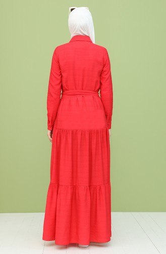 Boydan Düğmeli Kuşaklı Elbise 8301-05 Mercan