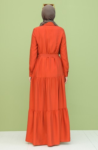 Boydan Düğmeli Kuşaklı Elbise 8301-06 Kiremit