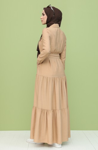 Boydan Düğmeli Kuşaklı Elbise 8301-09 Camel