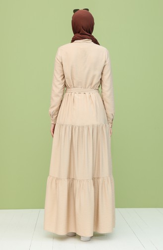 Boydan Düğmeli Kuşaklı Elbise 8301-10 Bej
