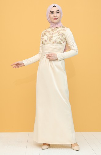 Ecru Hijab Evening Dress 7282-01