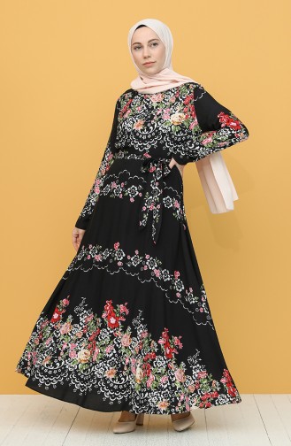 Desenli Kuşaklı Elbise 20Y3034303E-02 Siyah