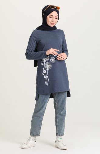 Baskılı Örme Tunik 3265-11 İndigo