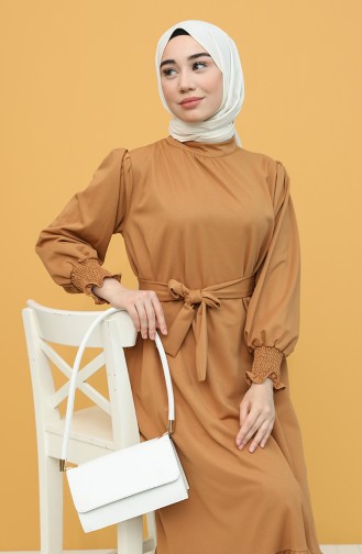 Kuşaklı Büzgülü Elbise 1418-03 Camel