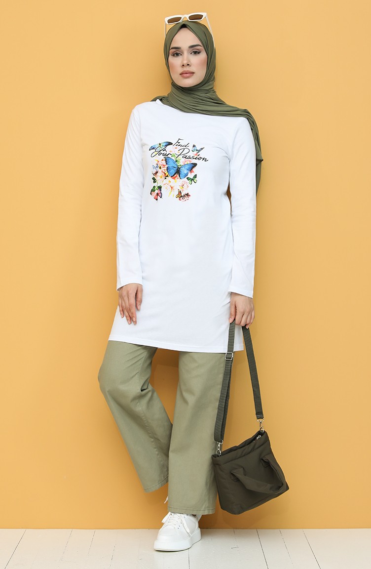 Baskılı Tunik 6029-03 Beyaz
